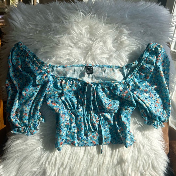 Turquoise Blue Floral Top w/ Scrunch Sleeves and Bow Tie Detail size Small - Picture 3 of 8